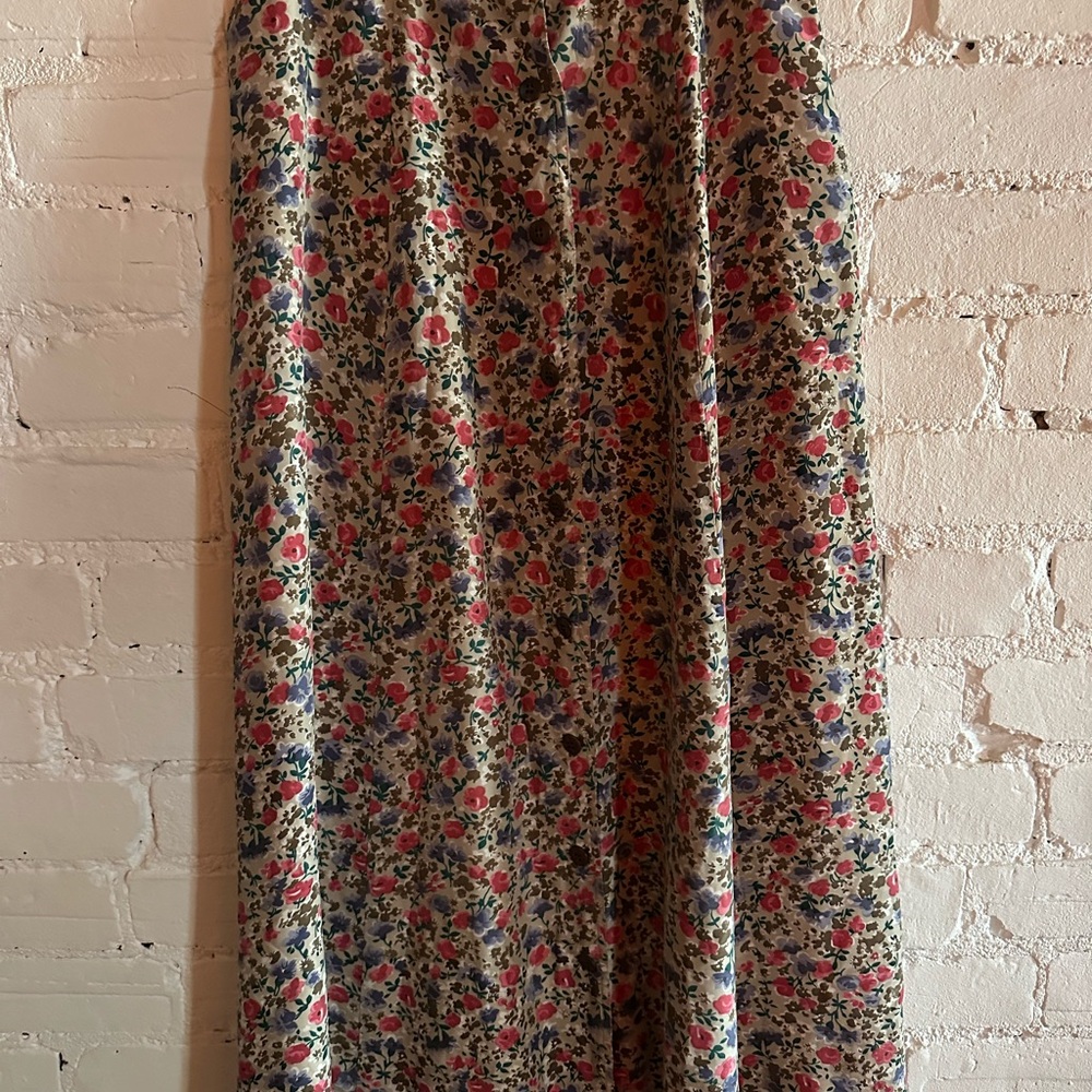 Floral Silk Vintage Maxi Skirt - Pink, Blue Green Floral on Beige brown cowboy